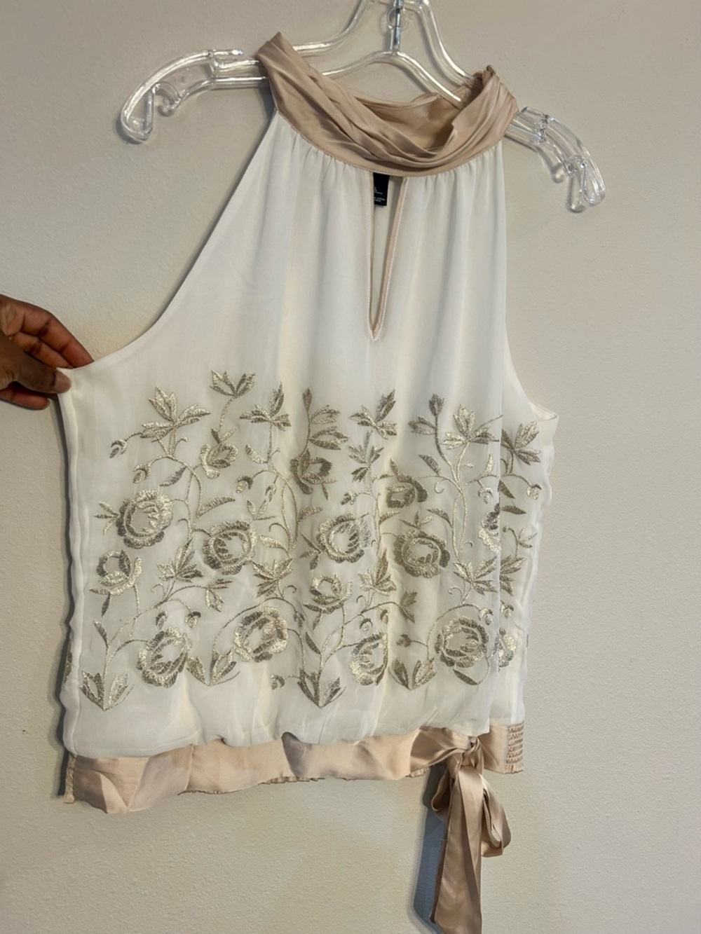 White House Black Market Ivory Halter Camisole with Taupe Trim & Gold Embroidery